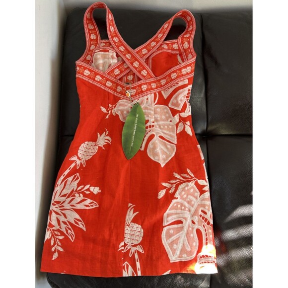 Farm Rio Red White Linen Monsteras Print Mini Button Down Front Dress Sz S NEW - Picture 6 of 9